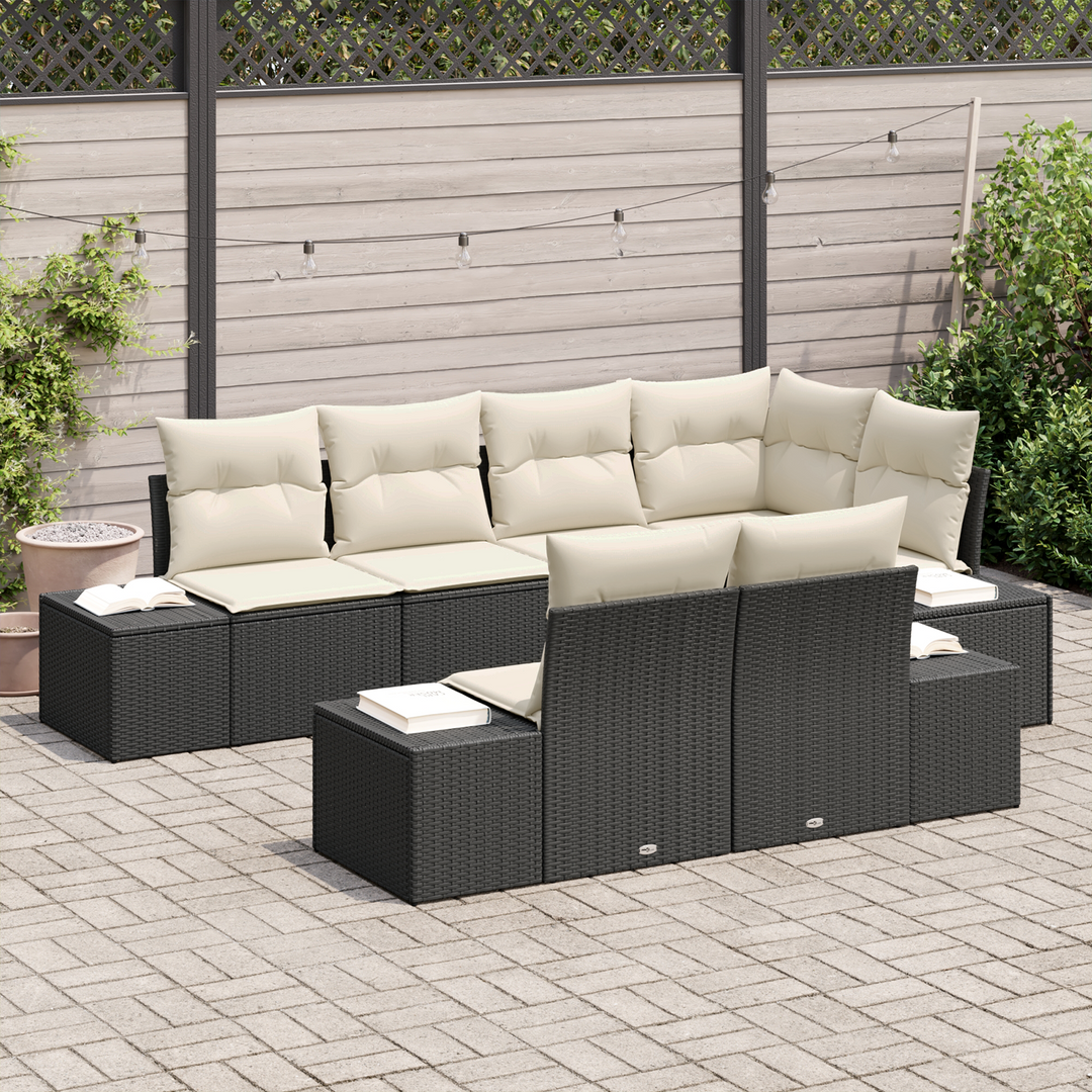Havesofa Sæt med opbevaring 7 pcs Sort og Cream polyrattan