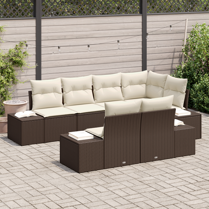 Havesofa Sæt med opbevaring 7 pcs Brun og Creme polyrattan