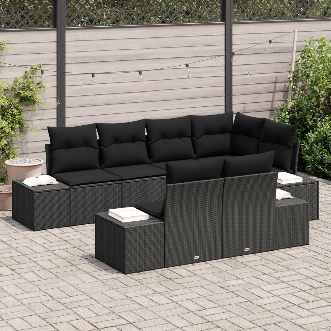 Havesofa Sæt med opbevaring 7 pcs Sort polyrattan