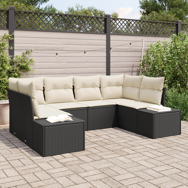 Havesofa Sæt med opbevaring 6 pcs Sort og Cream Poly rattan