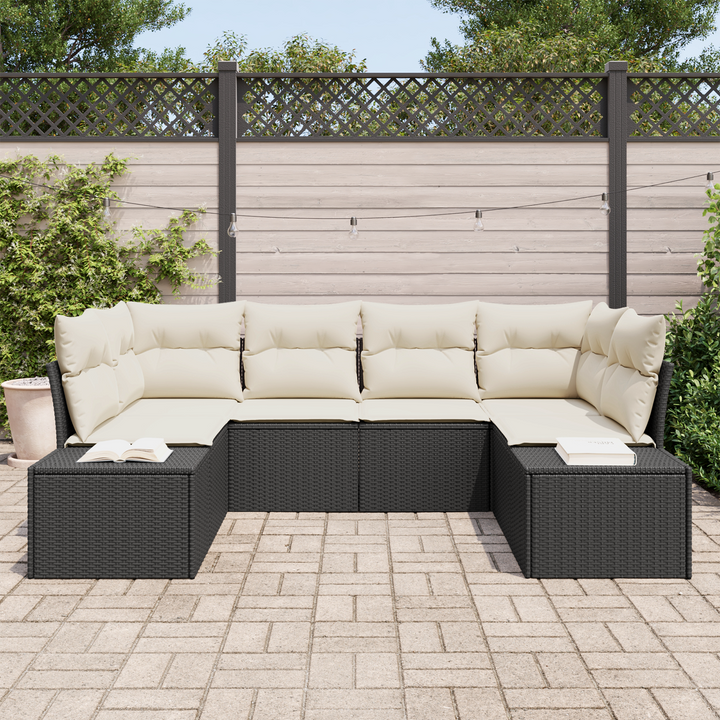 Havesofa Sæt med opbevaring 6 pcs Sort og Cream Poly rattan