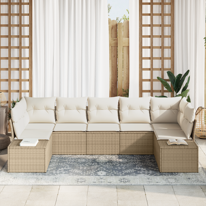 Havesofa Sæt med opbevaring 7 pcs Beige og creme Poly rattan