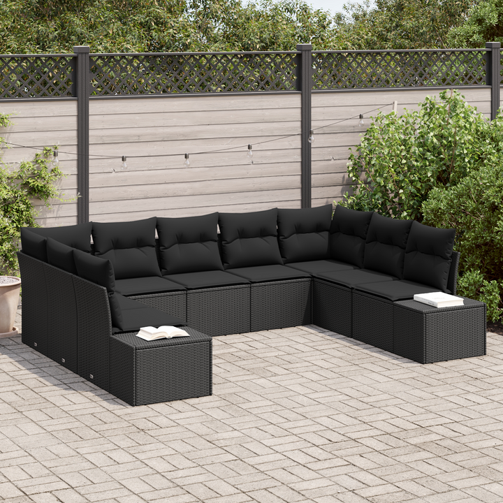 Havesofa Sæt med pude 9 pcs Sort Polyrattan