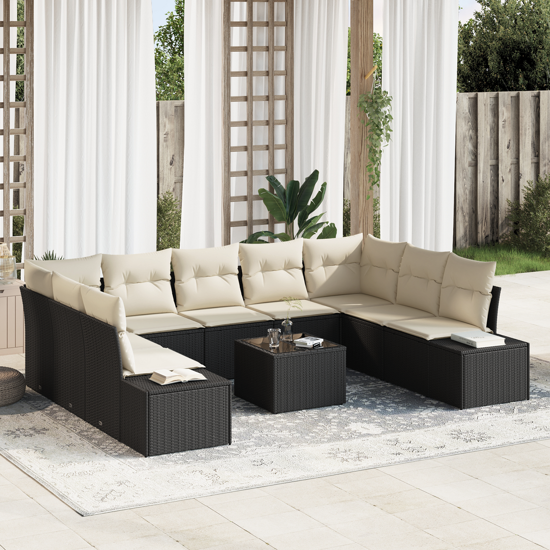 Havesofa Sæt med pude 9 pcs Sort og Cream Polyrattan