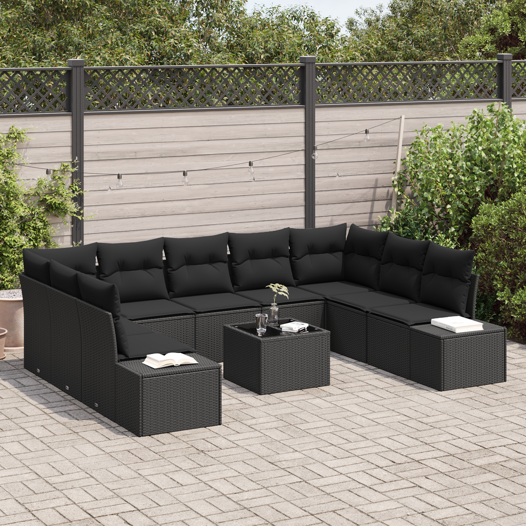 Havesofa Sæt med pude 9 pcs Sort Polyrattan