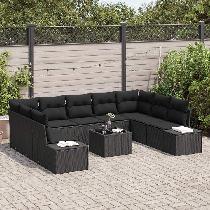 Havesofa Sæt med pude 9 pcs Sort Polyrattan