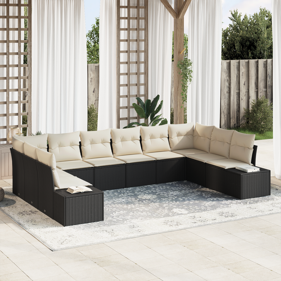 Havesofa Sæt med pude 10 pcs Sort og Cream Polyrattan
