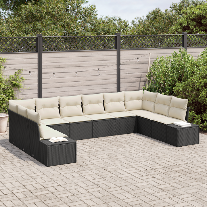 Havesofa Sæt med pude 10 pcs Sort og Cream Polyrattan
