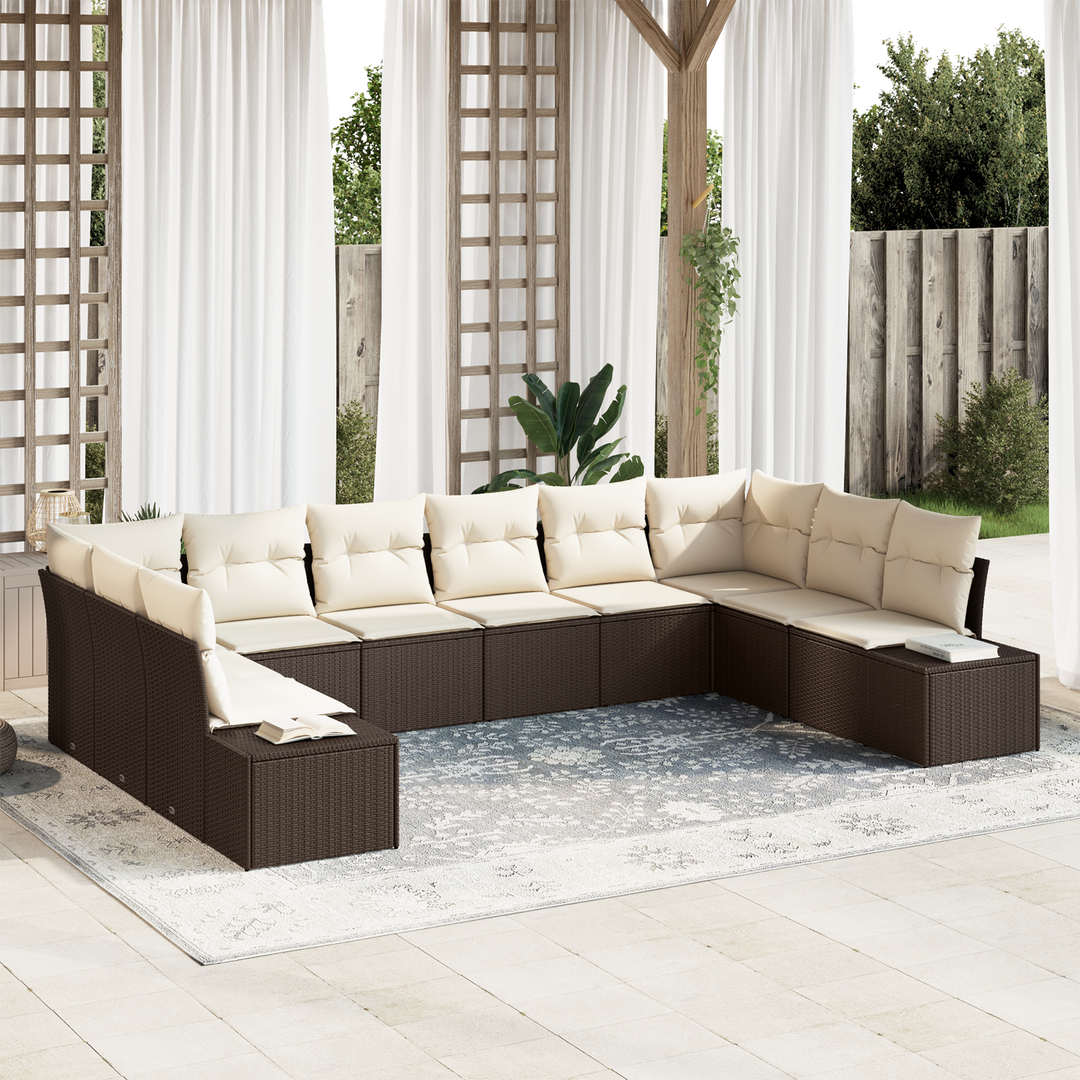 Havesofa Sæt med pude 10 pcs Brun og Creme Polyrattan
