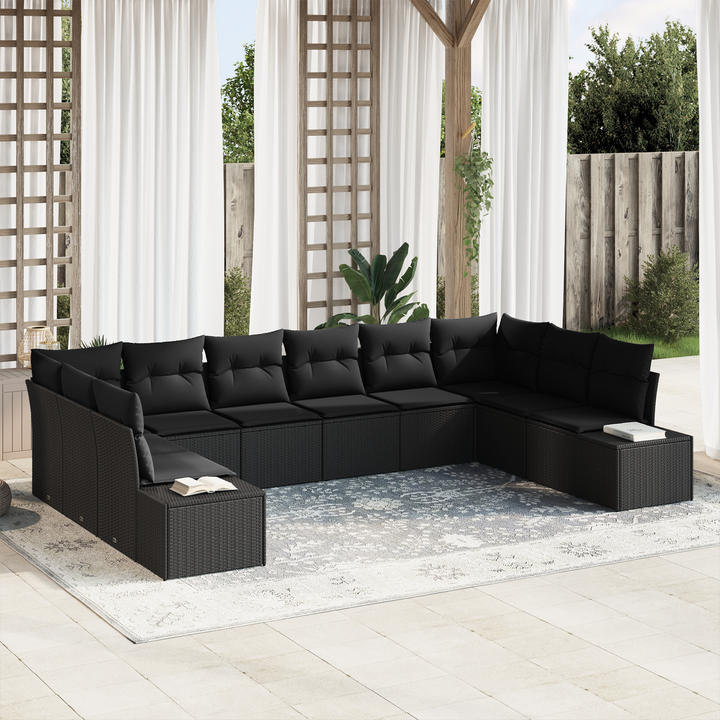 Havesofa Sæt med pude 10 pcs Sort Polyrattan