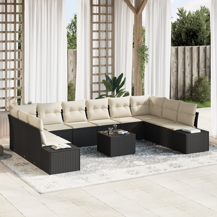 Havesofa Sæt med pude 10 pcs Sort og Cream Polyrattan
