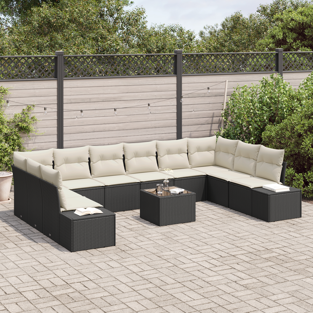 Havesofa Sæt med pude 10 pcs Sort og Cream Polyrattan