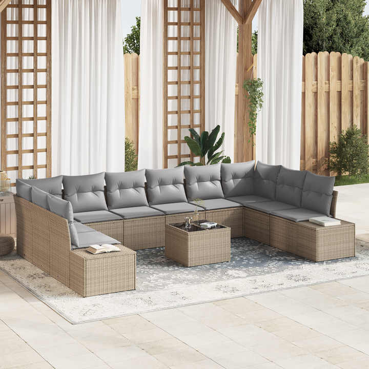 Havesofa Sæt med pude 10 pcs Beige og lys grå Polyrattan