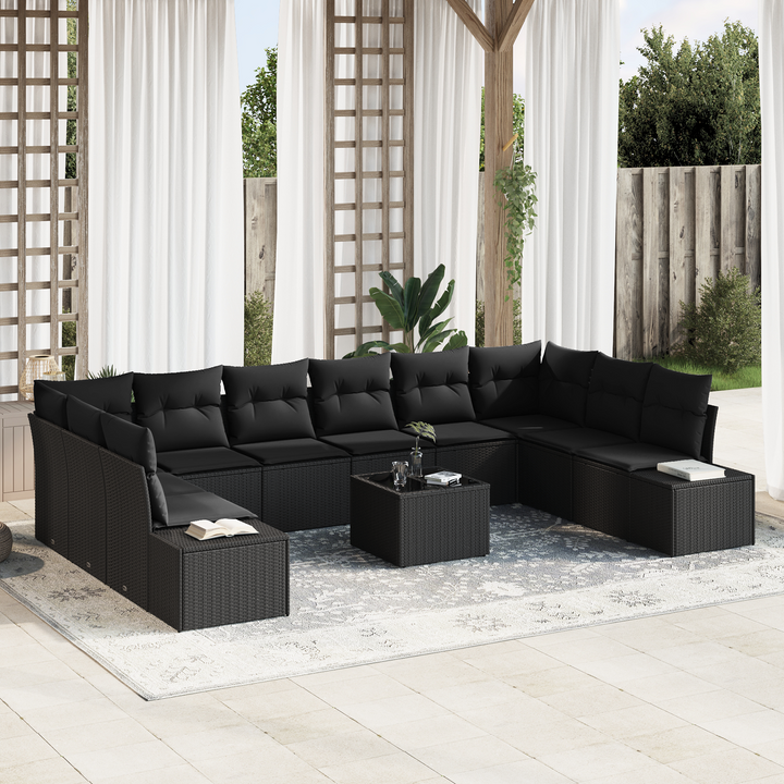 Havesofa Sæt med pude 10 pcs Sort Polyrattan