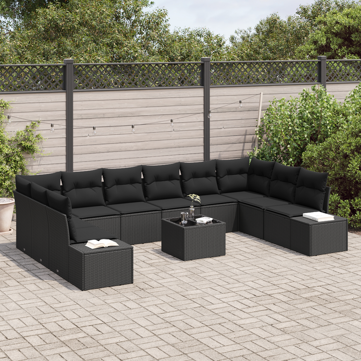 Havesofa Sæt med pude 10 pcs Sort Polyrattan