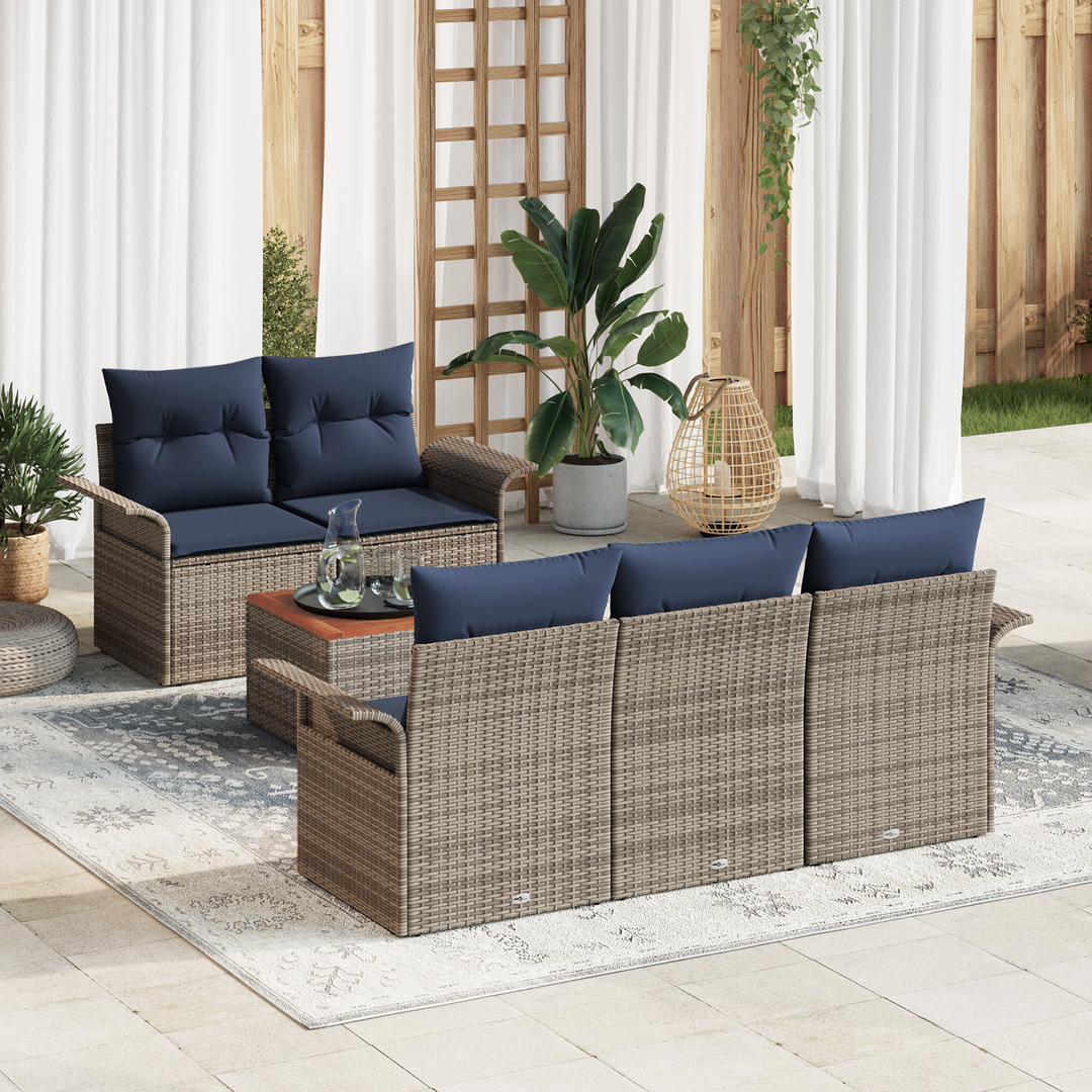 Havesofa Sæt med opbevaring 6 pcs Grå og Marineblå polyrattan