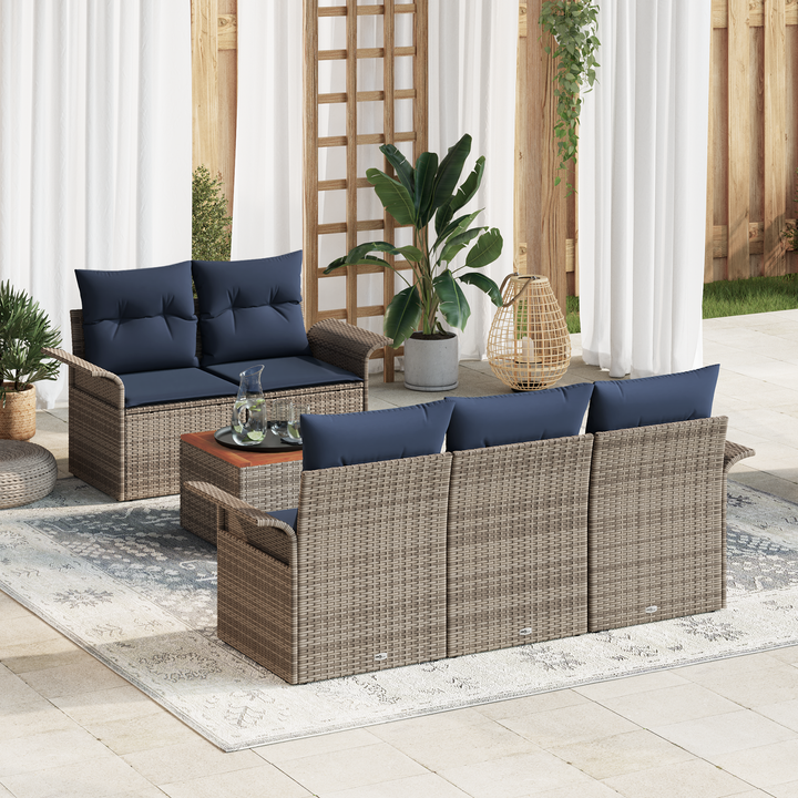 Havesofa Sæt med opbevaring 6 pcs Grå og Marineblå polyrattan