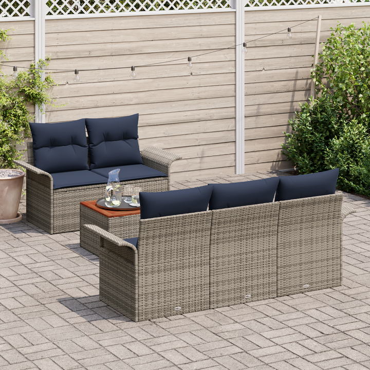 Havesofa Sæt med opbevaring 6 pcs Grå og Marineblå polyrattan