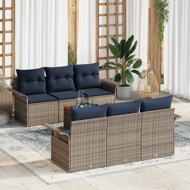 Havesofa Sæt med opbevaring 7 pcs Grå og Marineblå polyrattan