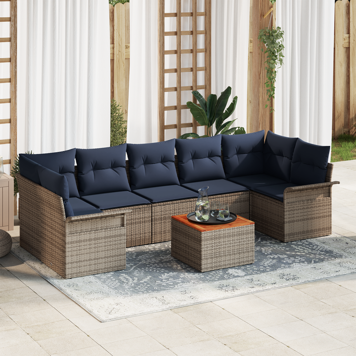 Havesofa Sæt med opbevaring 8 pcs Grå og Marineblå polyrattan