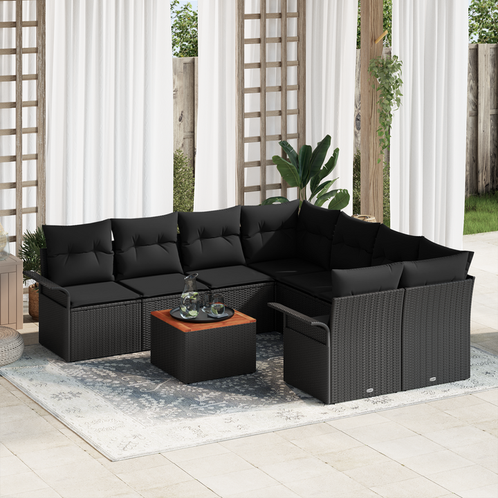 Havesofa Sæt med opbevaring 9 pcs Sort polyrattan