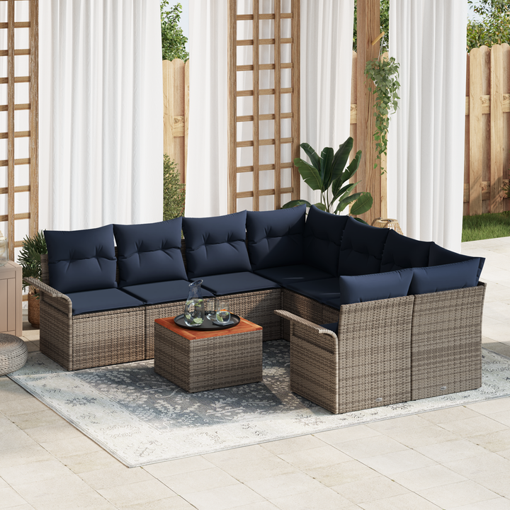 Havesofa Sæt med opbevaring 9 pcs Grå og Marineblå polyrattan