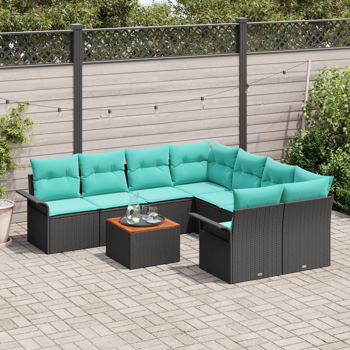 Havesofa Sæt med opbevaring 9 pcs Sort og turkis polyrattan