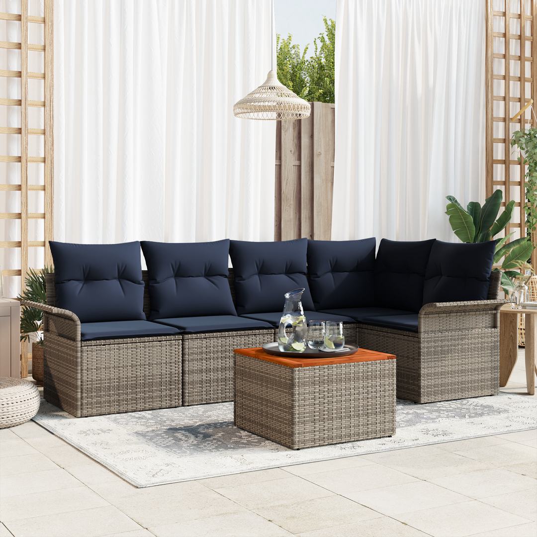Havesofa Sæt med opbevaring 6 pcs Grå og Marineblå polyrattan