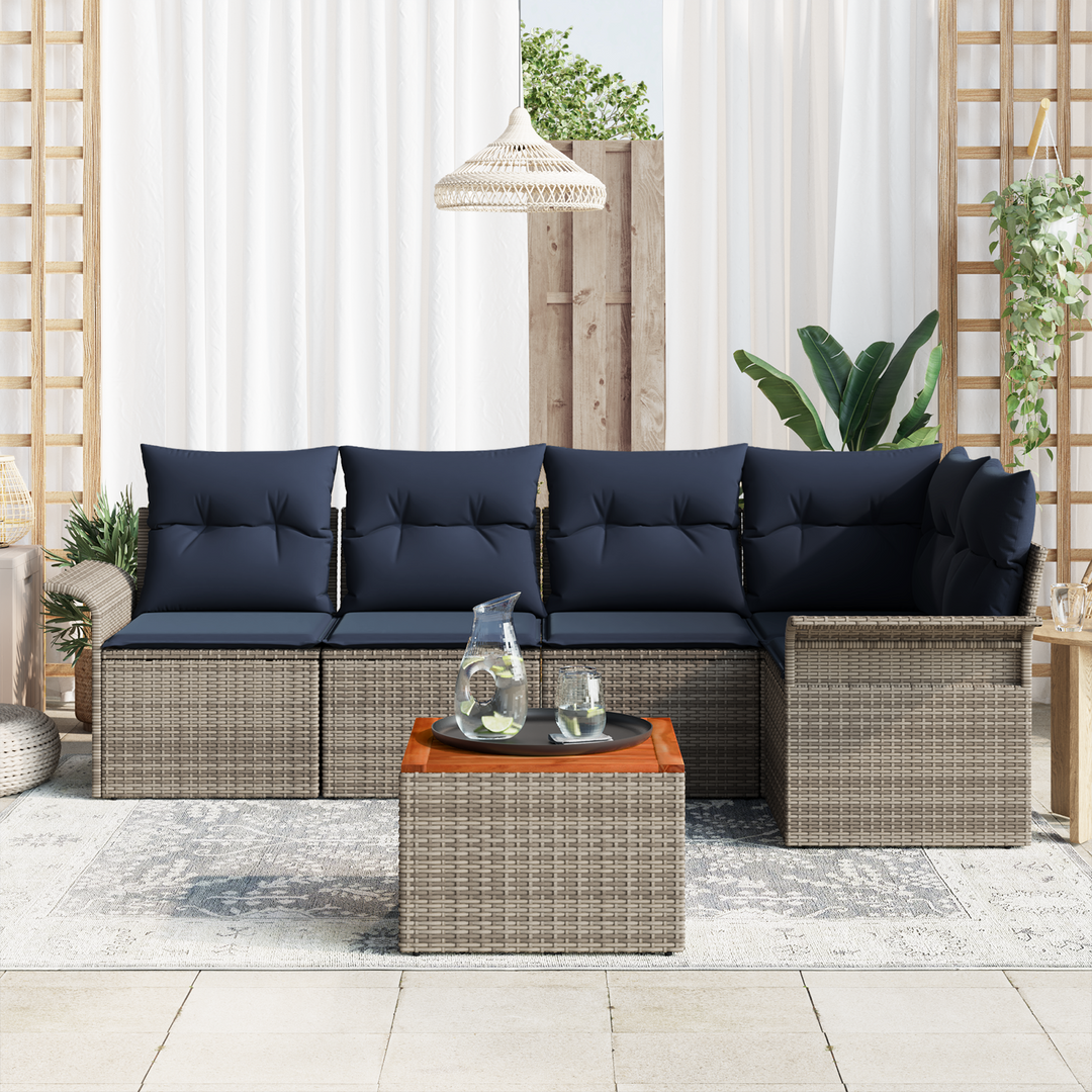 Havesofa Sæt med opbevaring 6 pcs Grå og Marineblå polyrattan