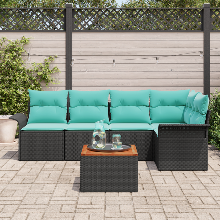 Havesofa Sæt med opbevaring 6 pcs Sort og turkis polyrattan