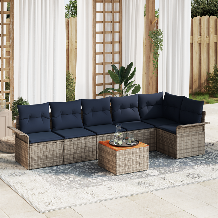 Havesofa Sæt med opbevaring 7 pcs Grå og Marineblå polyrattan