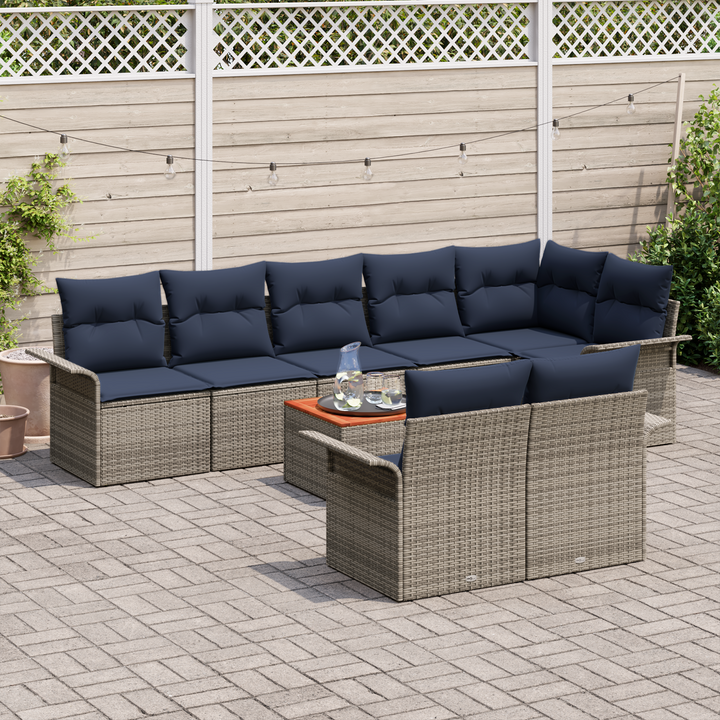 Havesofa Sæt med opbevaring 9 pcs Grå og Marineblå polyrattan