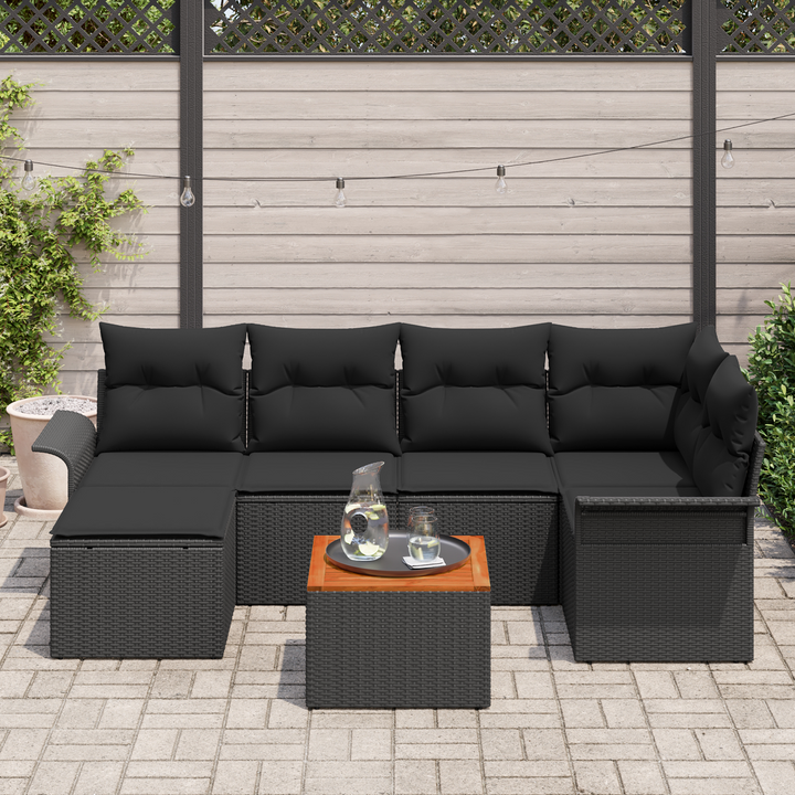 Havesofa Sæt med opbevaring 7 pcs Sort polyrattan
