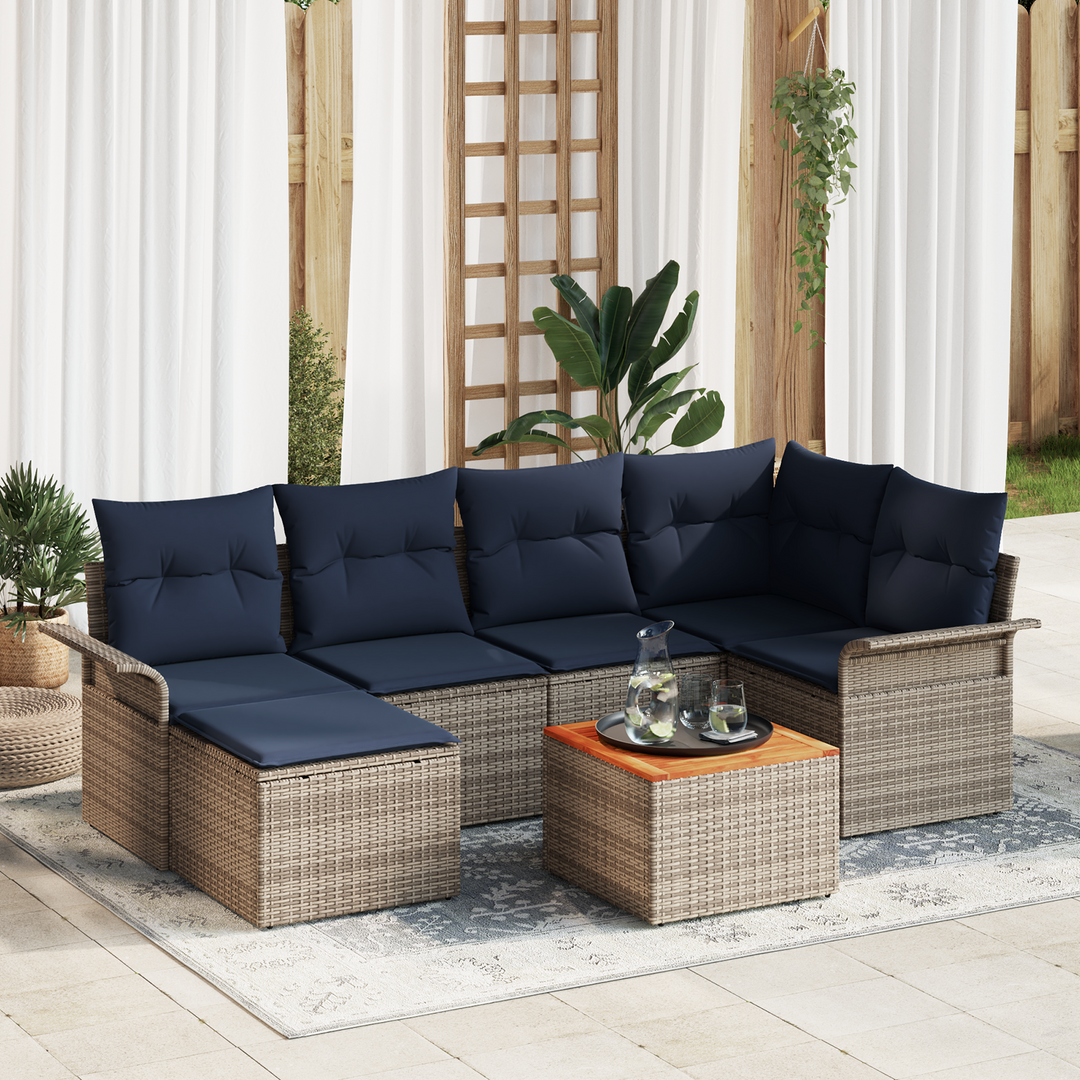 Havesofa Sæt med opbevaring 7 pcs Grå og Marineblå polyrattan