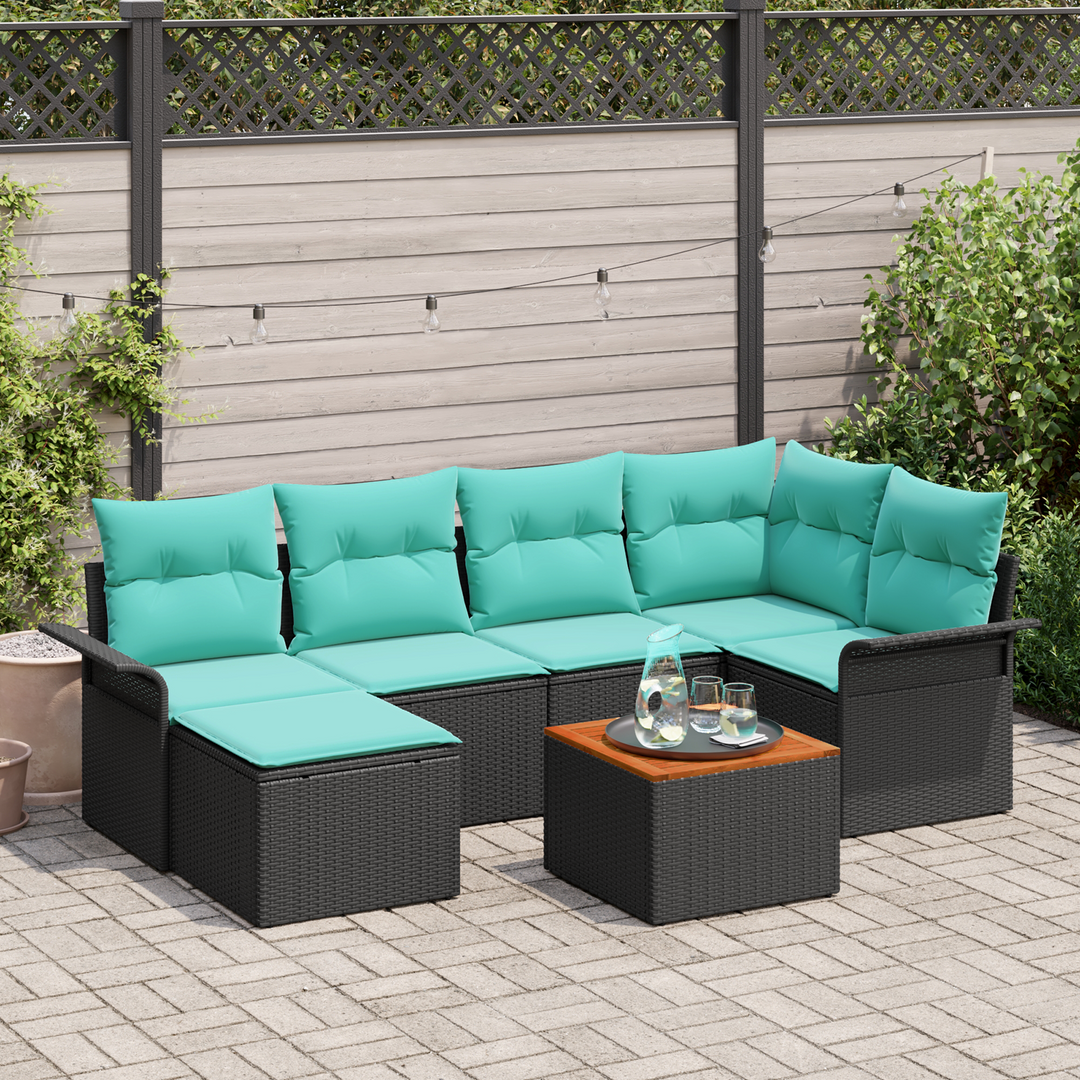 Havesofa Sæt med opbevaring 7 pcs Sort og turkis polyrattan