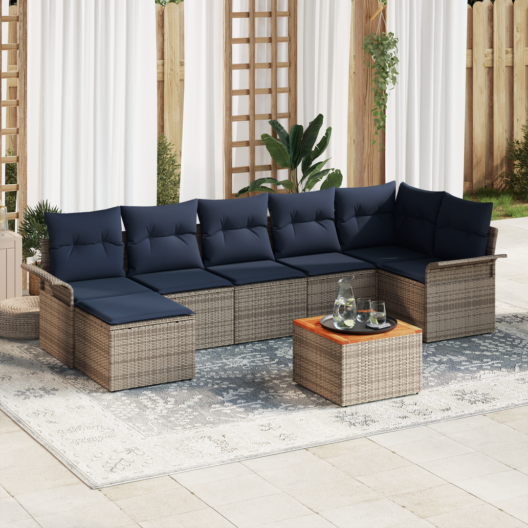 Havesofa Sæt med opbevaring 8 pcs Grå og Marineblå polyrattan