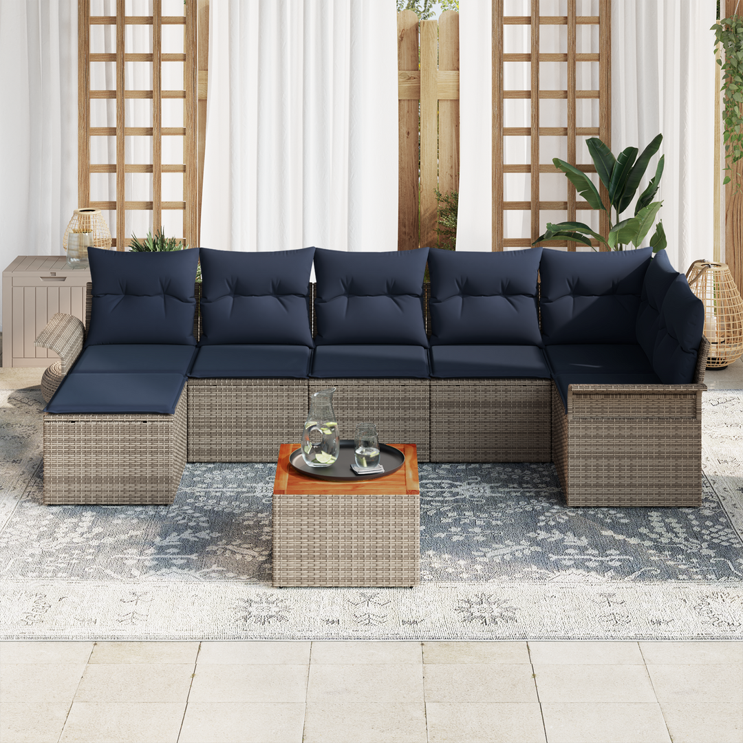 Havesofa Sæt med opbevaring 8 pcs Grå og Marineblå polyrattan