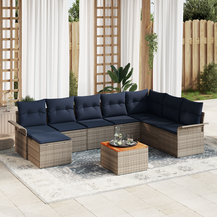 Havesofa Sæt med opbevaring 9 pcs Grå og Marineblå polyrattan