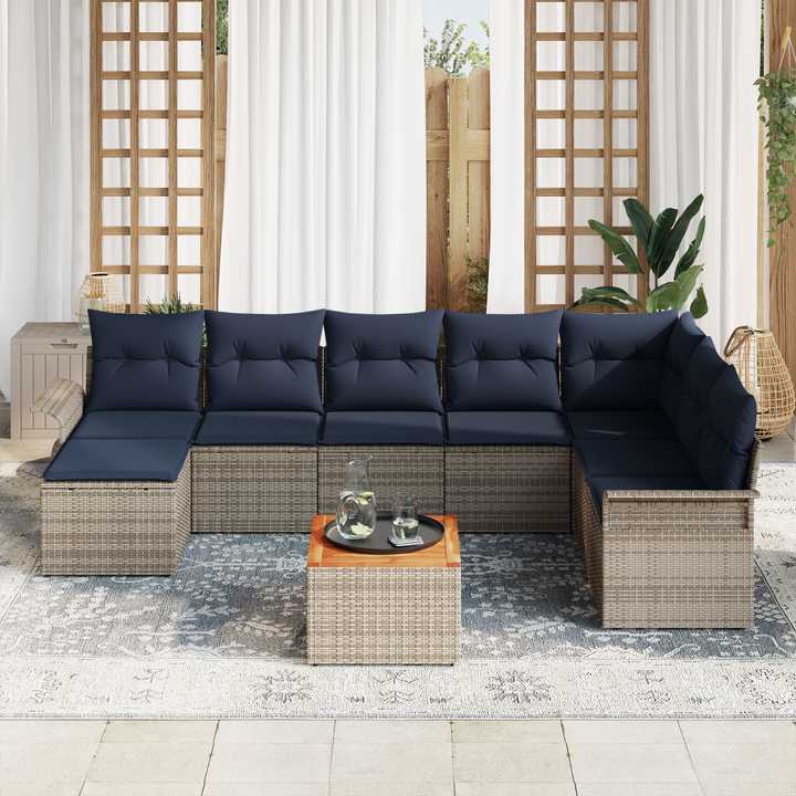 Havesofa Sæt med opbevaring 9 pcs Grå og Marineblå polyrattan
