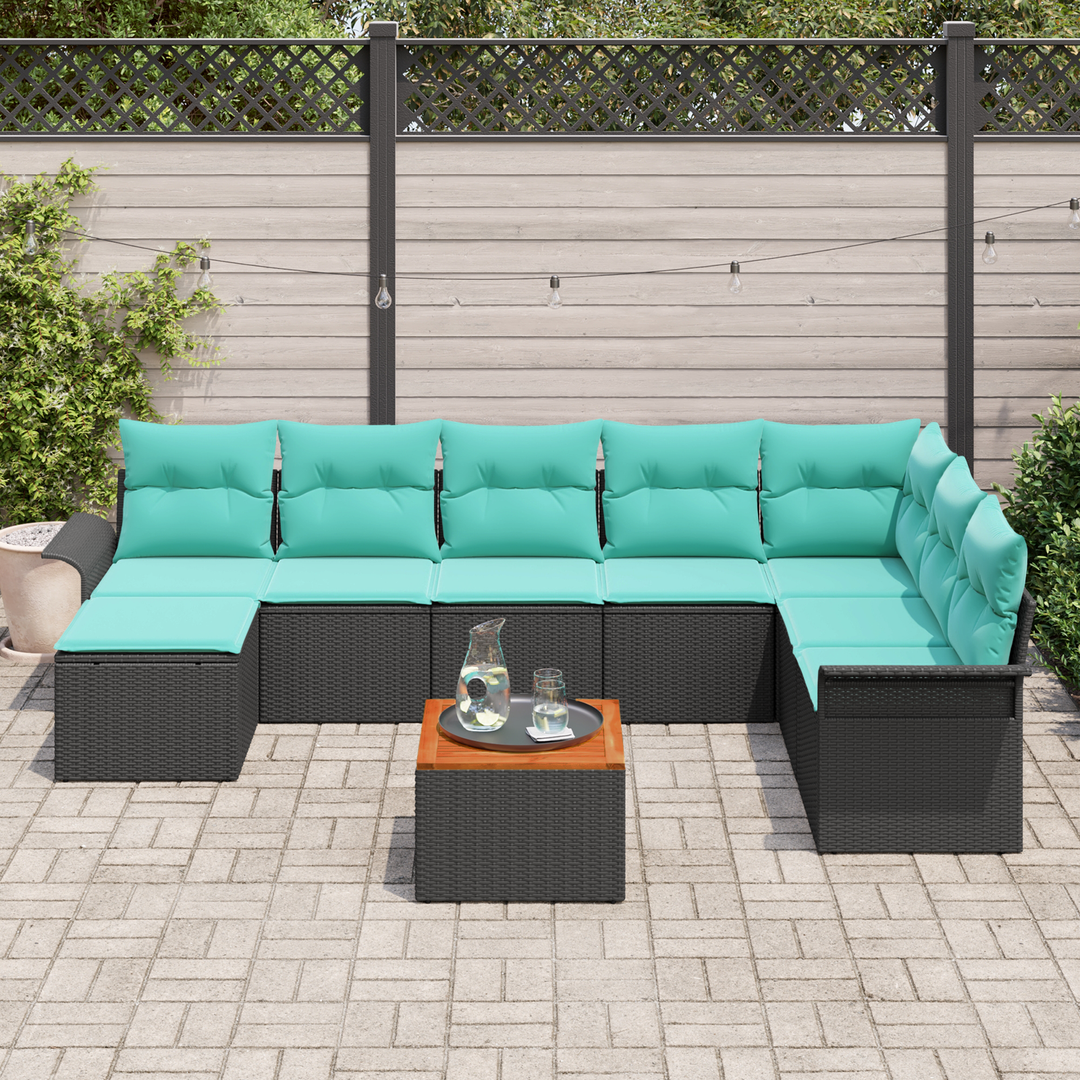 Havesofa Sæt med opbevaring 9 pcs Sort og turkis polyrattan