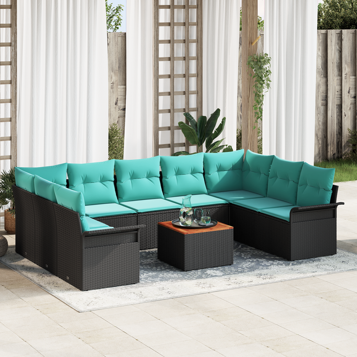 Havesofa Sæt med opbevaring 10 pcs Sort og turkis polyrattan