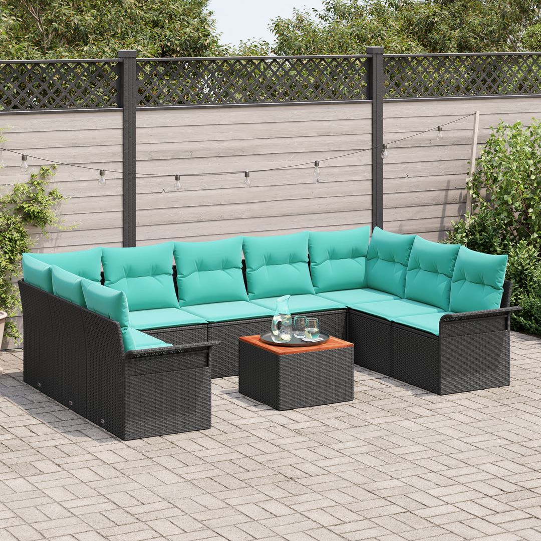 Havesofa Sæt med opbevaring 10 pcs Sort og turkis polyrattan