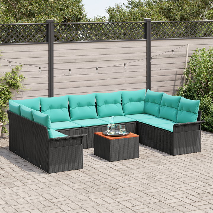 Havesofa Sæt med opbevaring 10 pcs Sort og turkis polyrattan