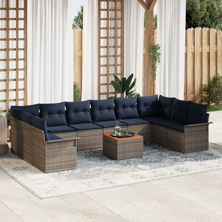 Havesofa Sæt med opbevaring 11 pcs Grå og Marineblå polyrattan