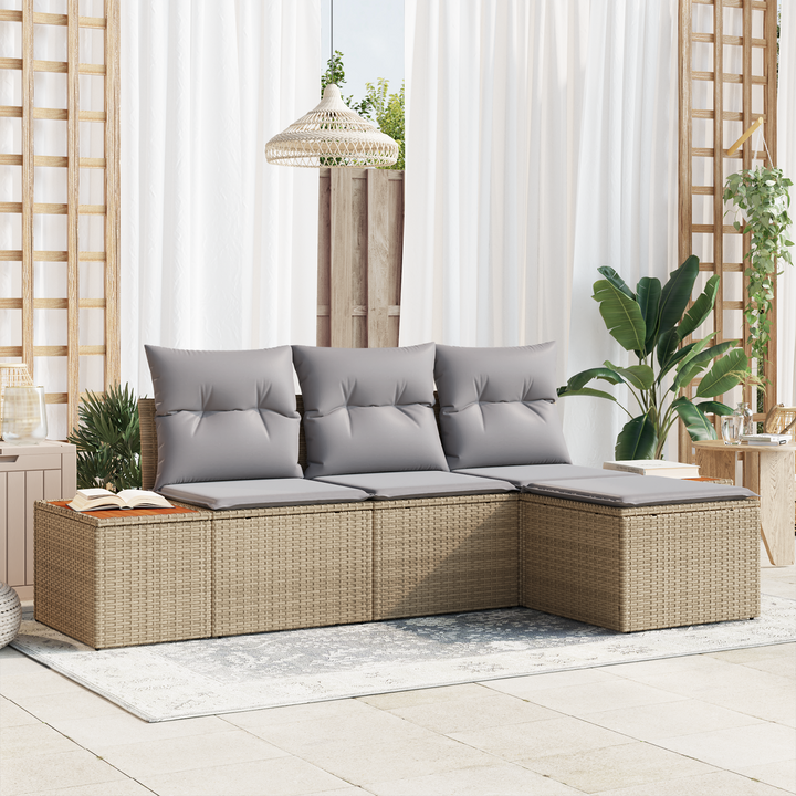 Havesofa Sæt med pude 4 pcs Beige og lys grå Poly Rattan
