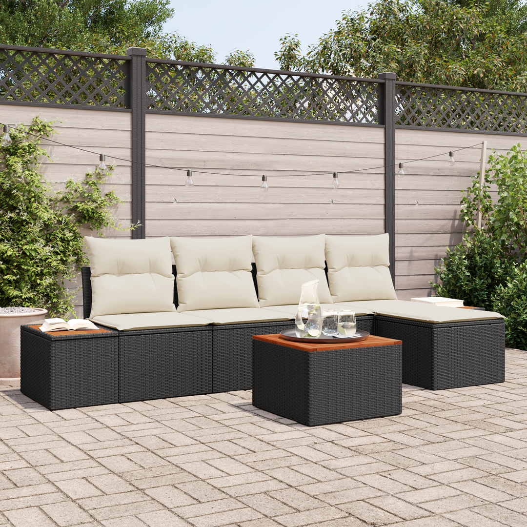 Havesofa Sæt med pude 6 pcs Sort og Cream Polyrattan