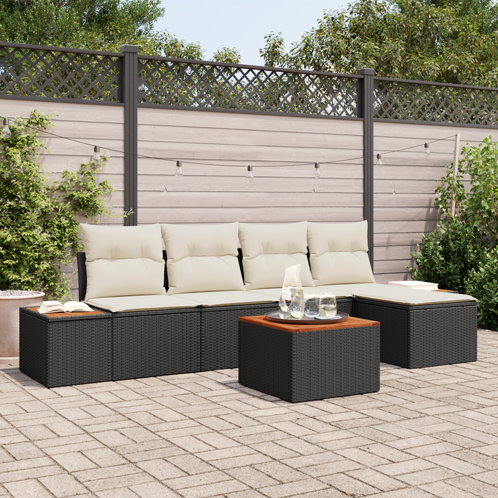 Havesofa Sæt med pude 6 pcs Sort og Cream Polyrattan