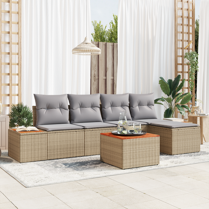 Havesofa Sæt med pude 6 pcs Beige og lys grå Polyrattan