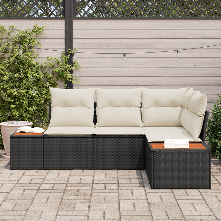 Havesofa Sæt med pude 4 pcs Sort og Cream Polyrattan