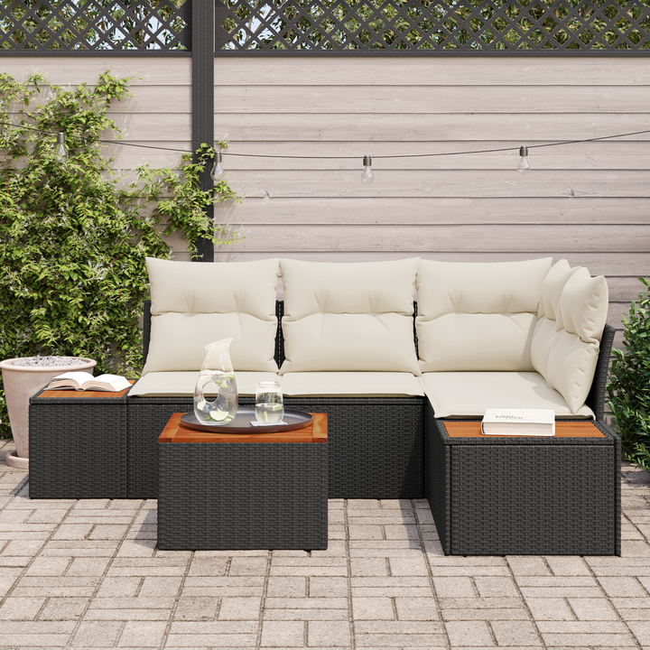 Havesofa Sæt med pude 4 pcs Sort og Cream Polyrattan